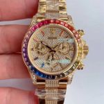 JH Factroy Swiss Replica Rolex Daytona Iced Out Diamond Gold Watch Rainbow Bezel